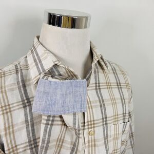Tasso Elba Island Large Casual Shirt Linen Cotton Blend Beige Ivory Plaid